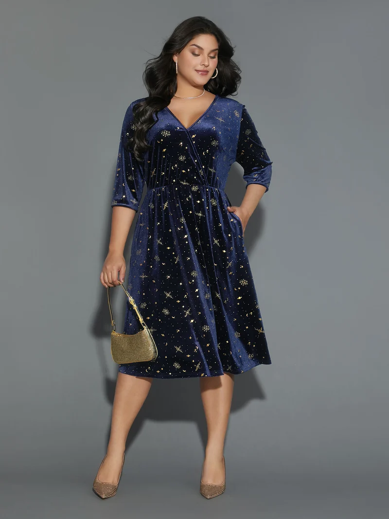 Velvet Moon & Star Overlap Collar Midi Dress