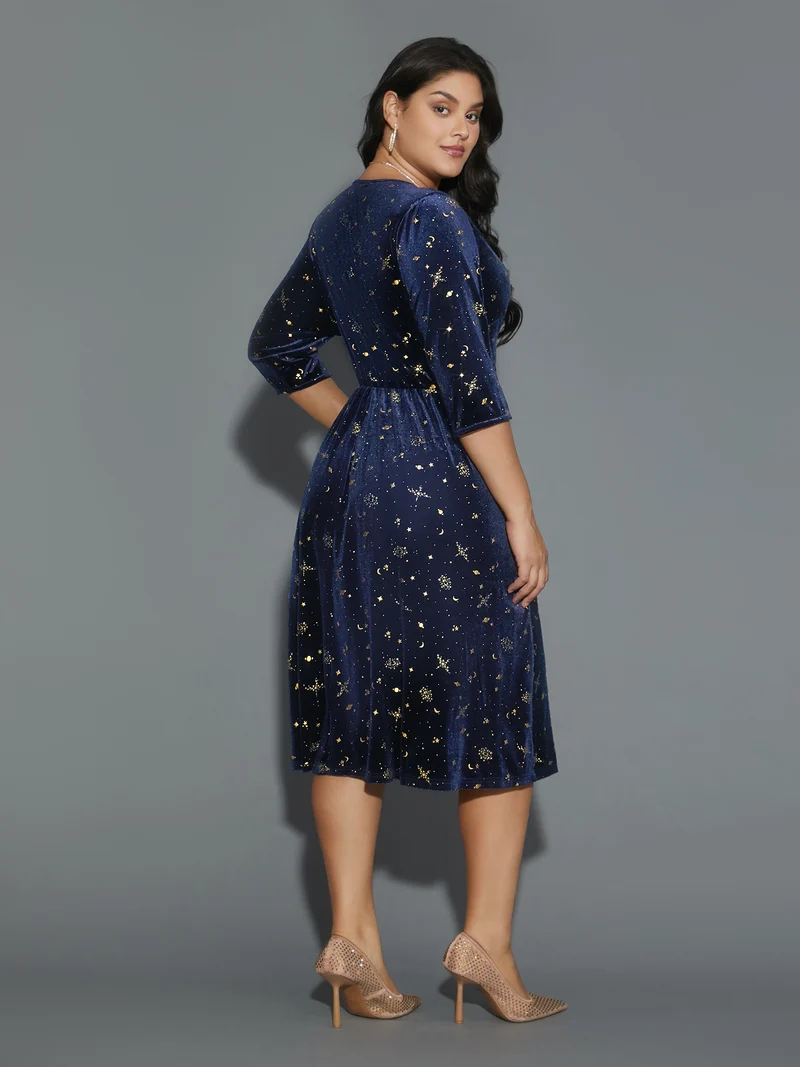 Velvet Moon & Star Overlap Collar Midi Dress