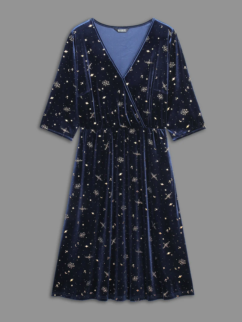 Velvet Moon & Star Overlap Collar Midi Dress