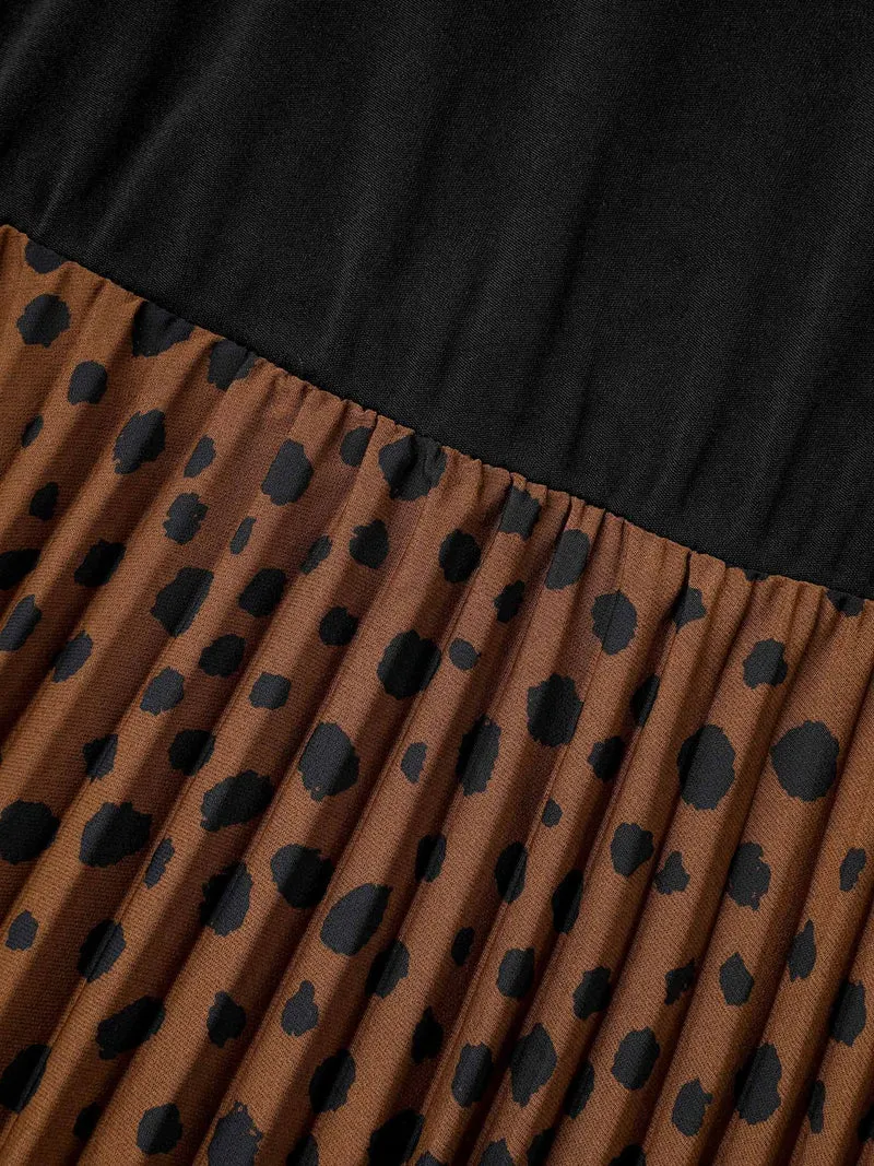 Leopard Print Pleated Mock Neck Midi Dress