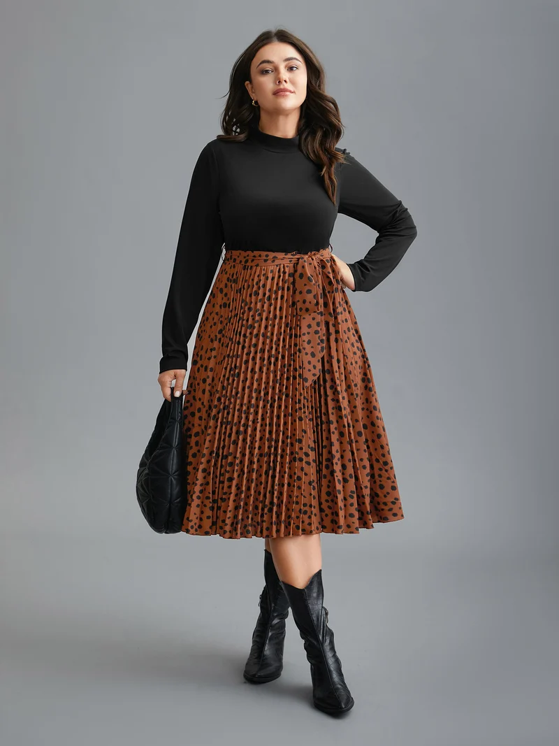 Leopard Print Pleated Mock Neck Midi Dress