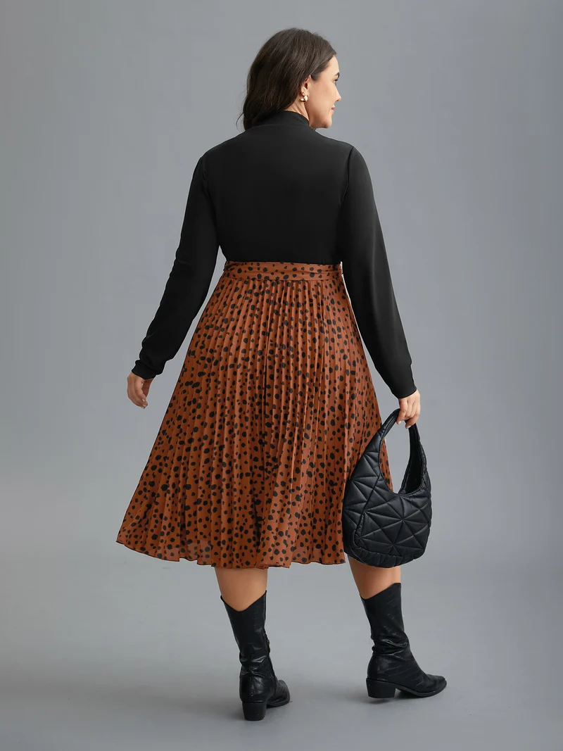 Leopard Print Pleated Mock Neck Midi Dress