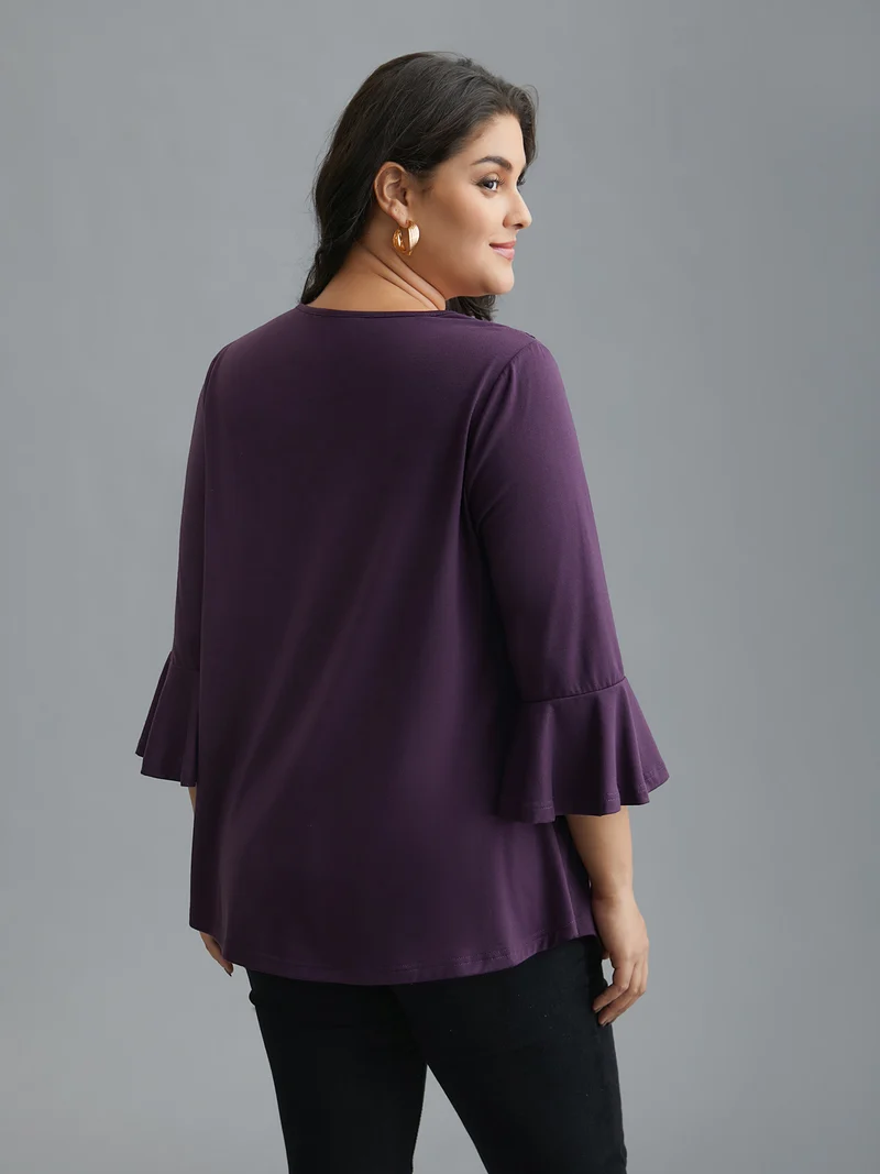 Lace Neckline Trim Ruffle Sleeve T-shirt