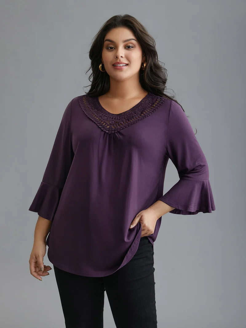 Lace Neckline Trim Ruffle Sleeve T-shirt