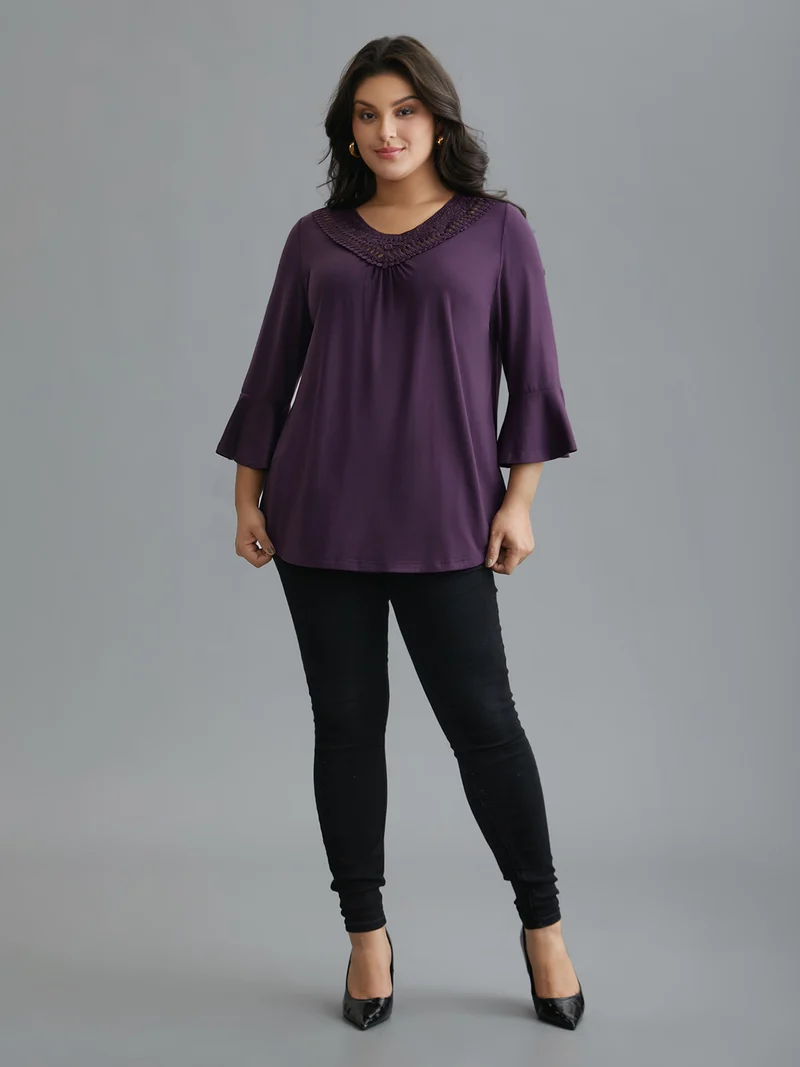 Lace Neckline Trim Ruffle Sleeve T-shirt