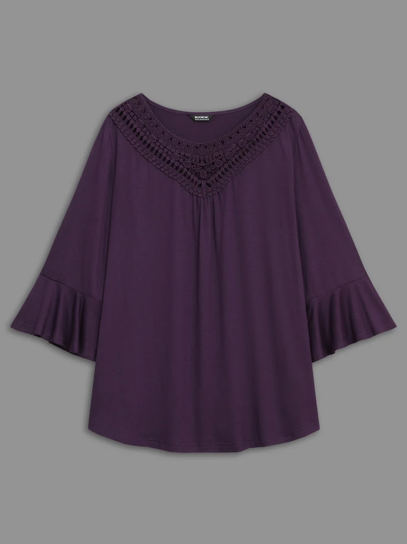 Lace Neckline Trim Ruffle Sleeve T-shirt