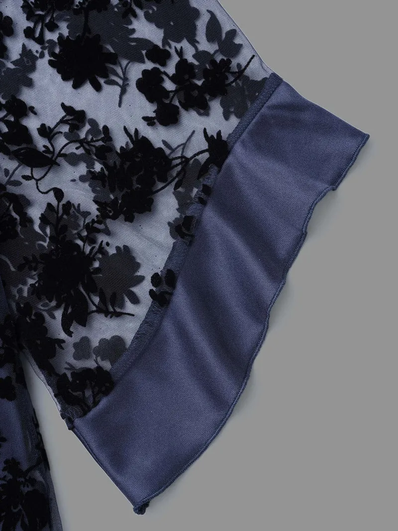 Floral Flocking Mesh Asymmetrical Hem Blouse