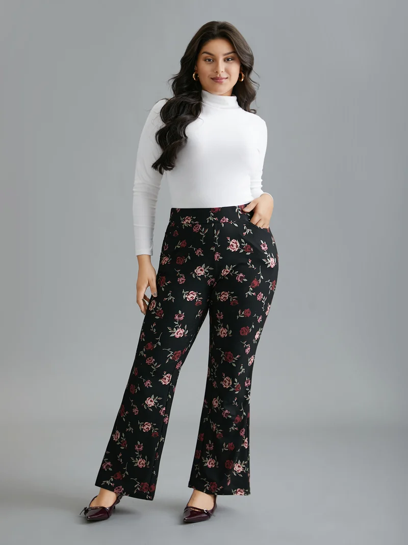 Floral Mid-Rise Bootcut Pants