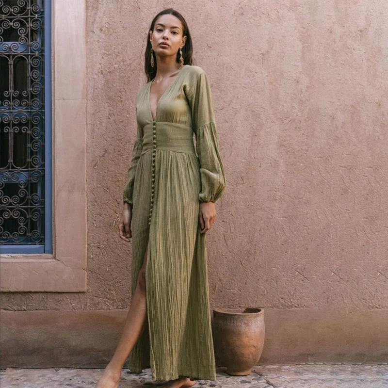 Robe longue maxi bohème à col en V pour femme – Style plage fluide et décontracté