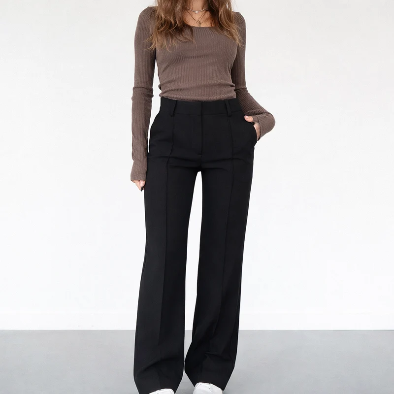 Pantalon Taille Haute Femme – Coupe Droite Élégante et Polyvalente