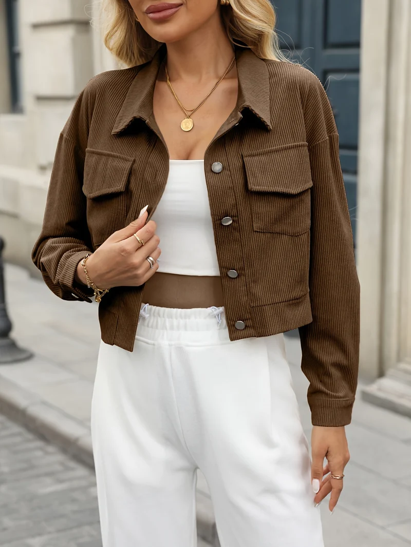Veste Courte En Velours Côtelé Femme – Style Décontracté Automne Hiver