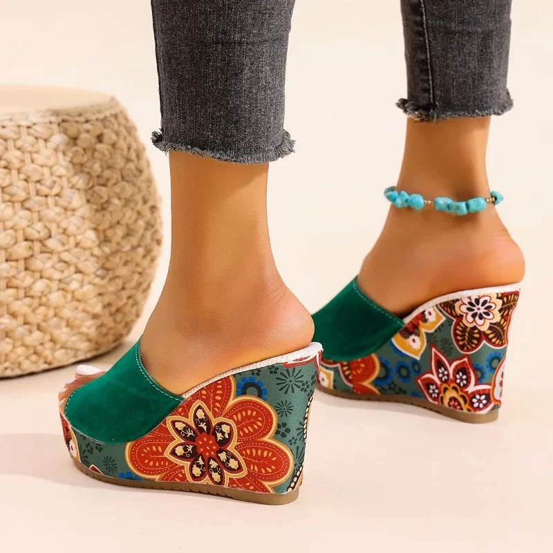 Sandales Femme Bohème à Talon Compensé Velours – Style Élégant Confort Été