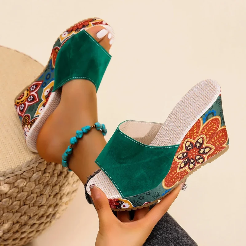 Sandales Femme Bohème à Talon Compensé Velours – Style Élégant Confort Été