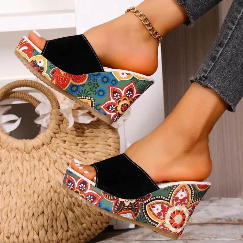 Sandales Femme Bohème à Talon Compensé Velours – Style Élégant Confort Été