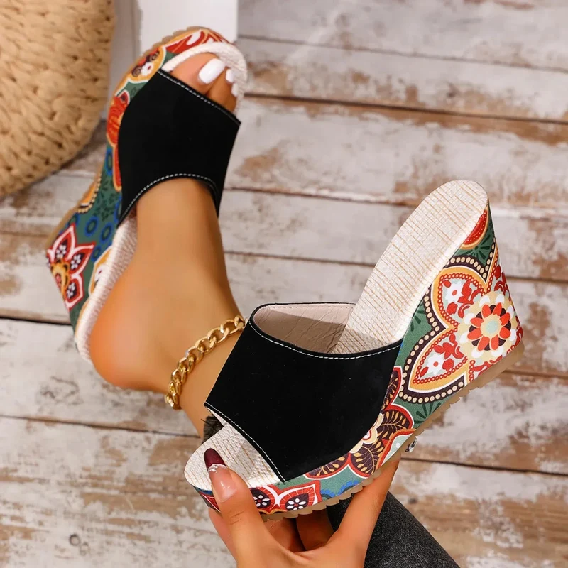 Sandales Femme Bohème à Talon Compensé Velours – Style Élégant Confort Été