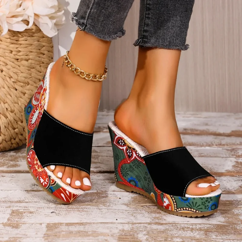 Sandales Femme Bohème à Talon Compensé Velours – Style Élégant Confort Été