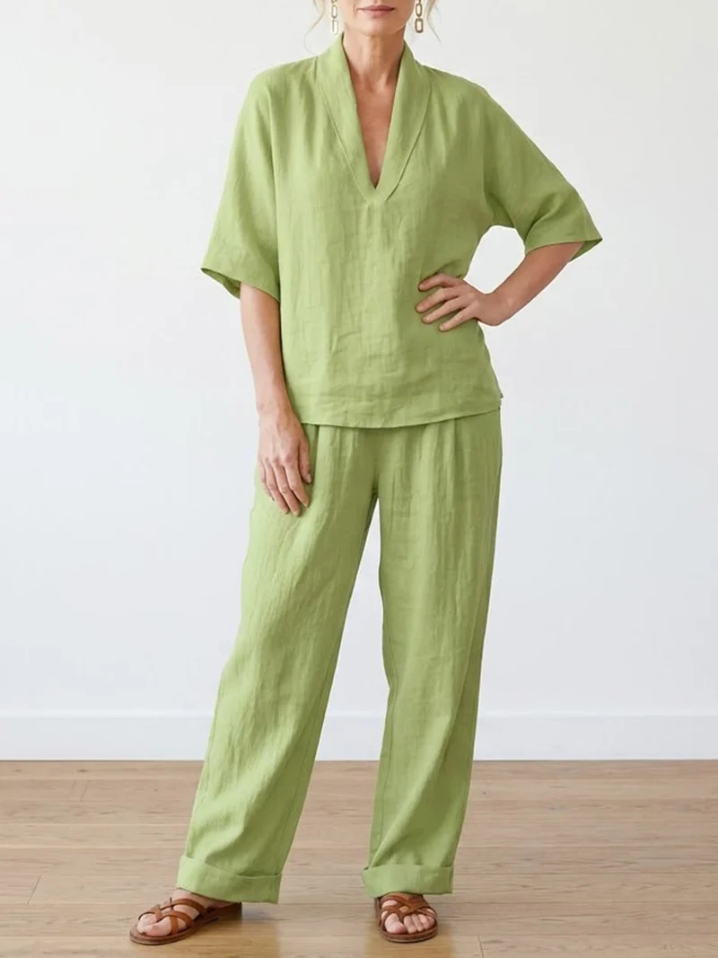 Ensemble Femme Deux Pièces en Lin – Style Décontracté Confortable Été Minimaliste