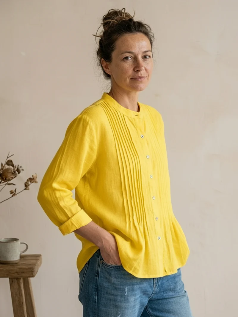 Chemise Femme Plissée Coton Lin – Style Décontracté Respirant Été