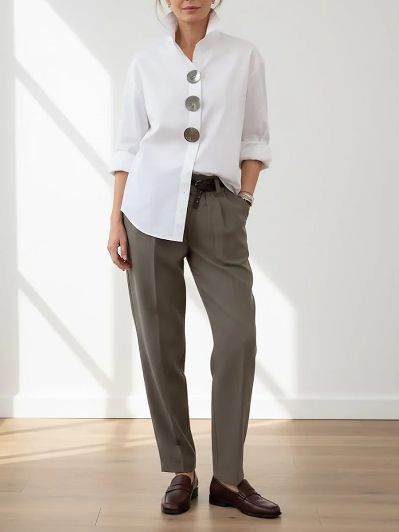 Blouse Femme Coton Lin – Col Montant Élégant Style Décontracté