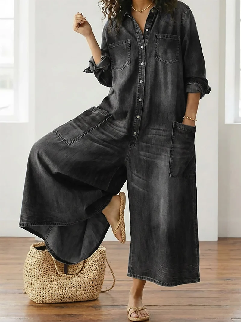 Combinaison Femme en Denim Foncé Délavé – Style Utility Décontracté à Boutons
