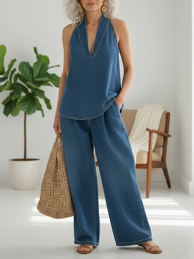 Ensemble Denim Femme Deux Pièces Minimaliste – Style Décontracté et Élégant