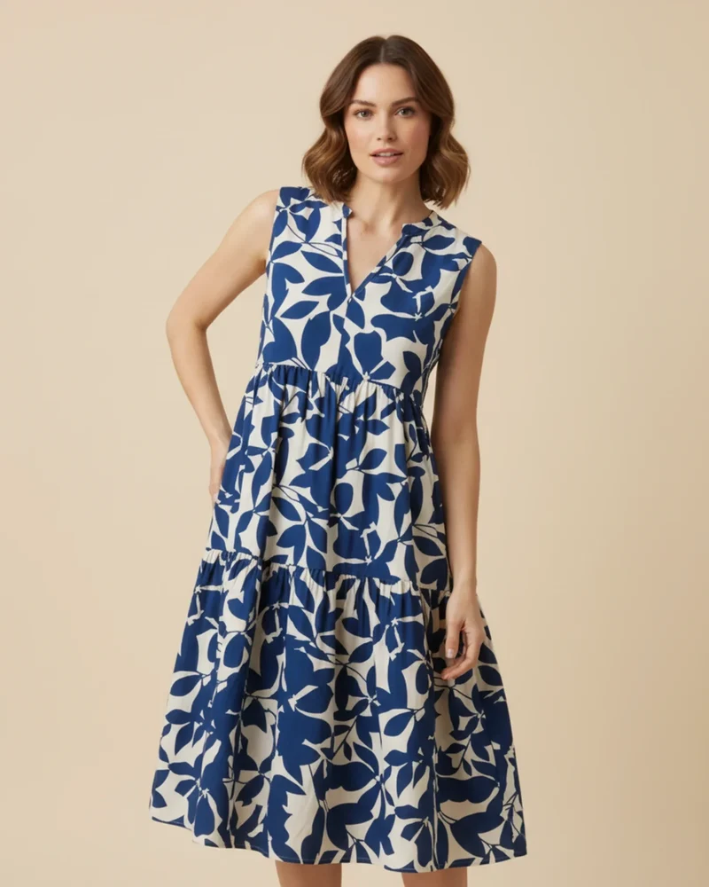 Robe Midi Femme A-Ligne Sans Manches – Imprimé Feuillage Élégant