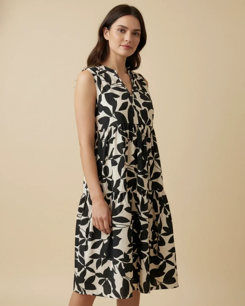 Robe Midi Femme A-Ligne Sans Manches – Imprimé Feuillage Élégant
