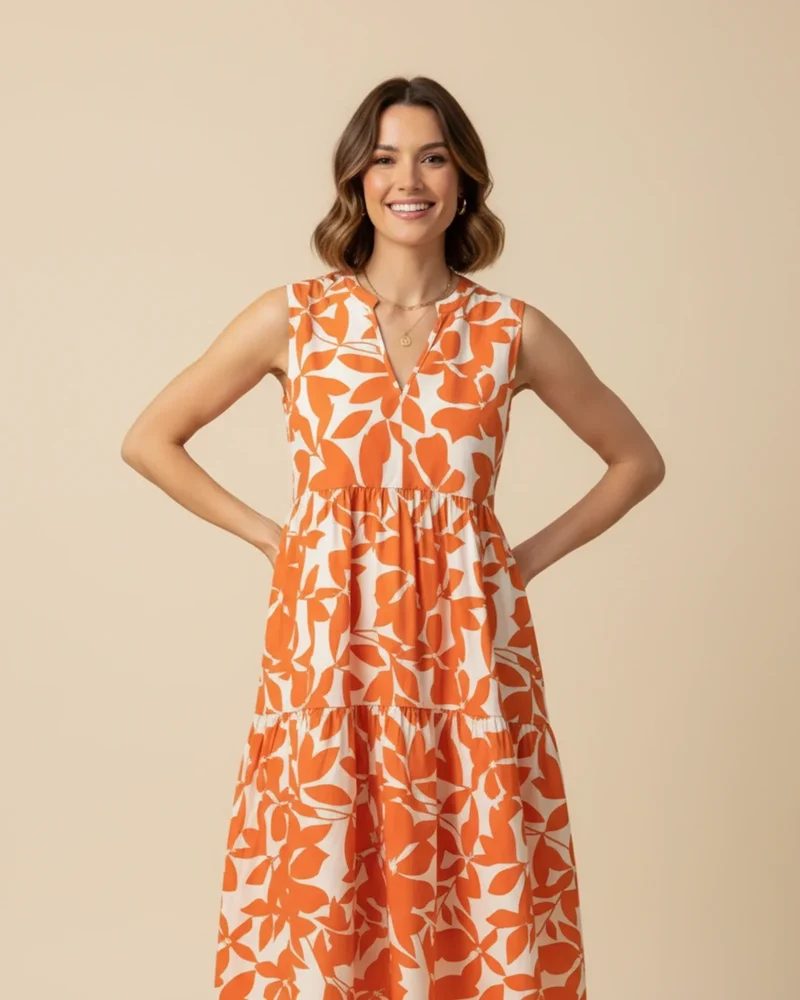 Robe Midi Femme A-Ligne Sans Manches – Imprimé Feuillage Élégant