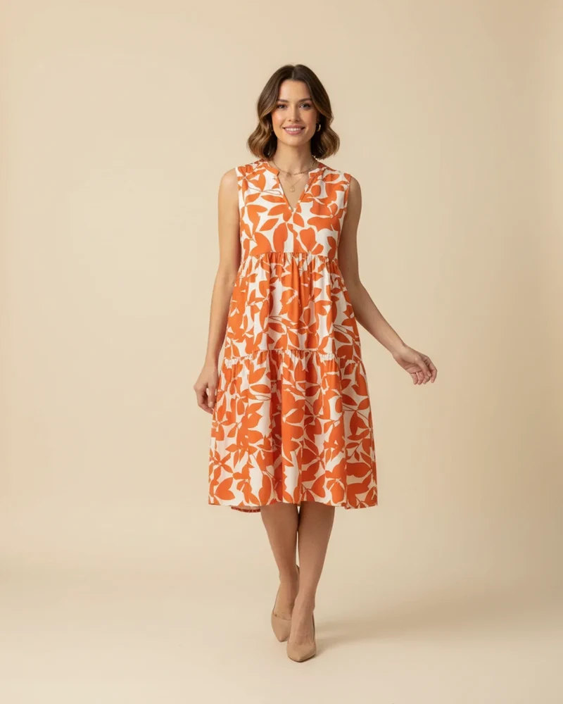 Robe Midi Femme A-Ligne Sans Manches – Imprimé Feuillage Élégant