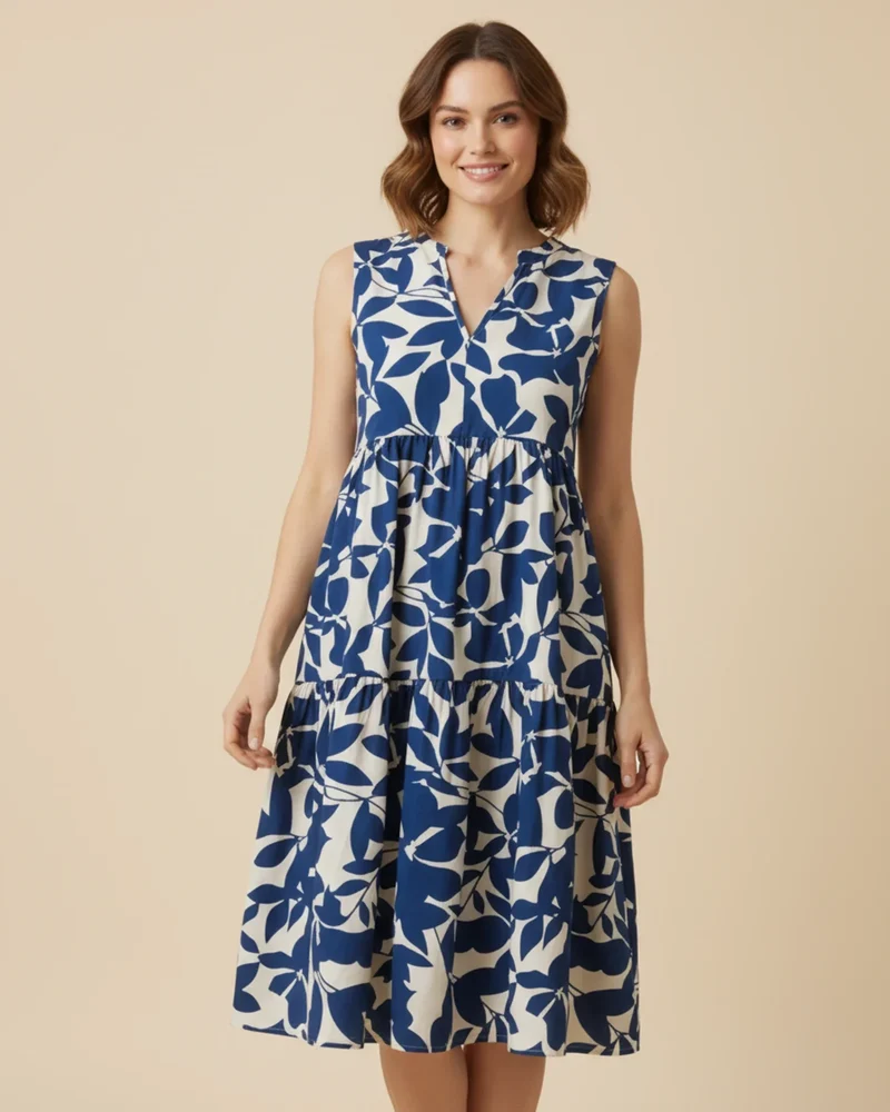 Robe Midi Femme A-Ligne Sans Manches – Imprimé Feuillage Élégant