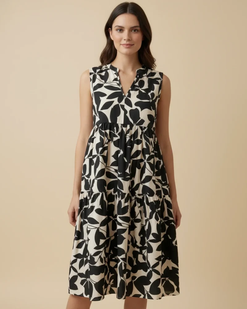 Robe Midi Femme A-Ligne Sans Manches – Imprimé Feuillage Élégant