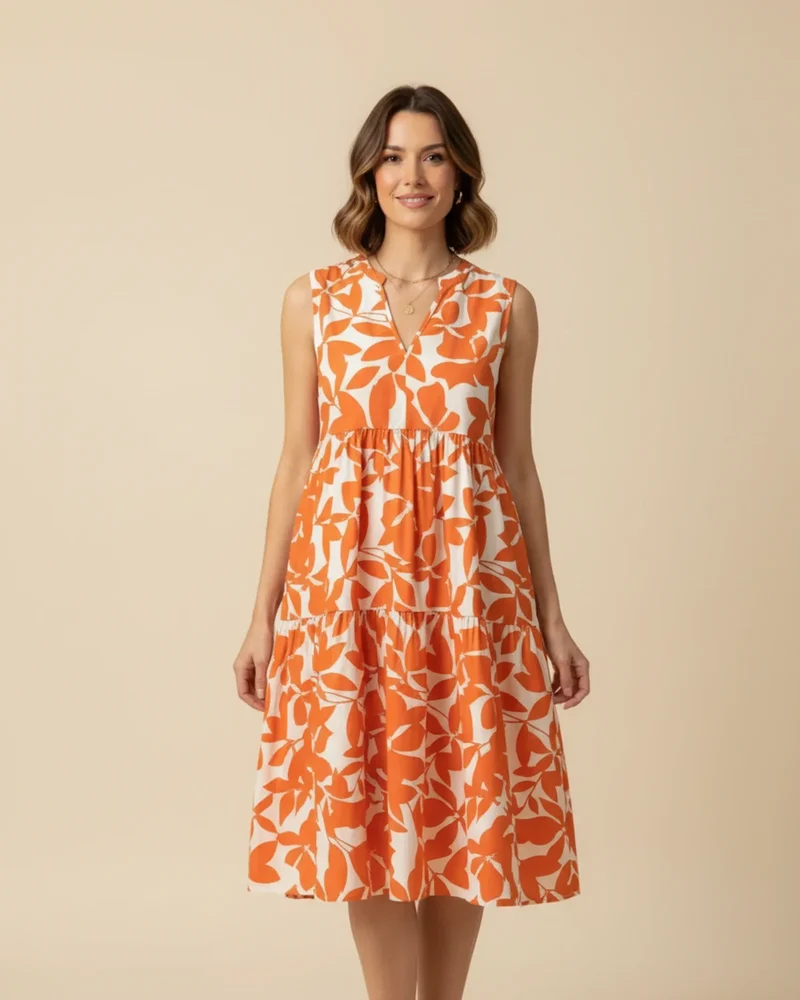Robe Midi Femme A-Ligne Sans Manches – Imprimé Feuillage Élégant