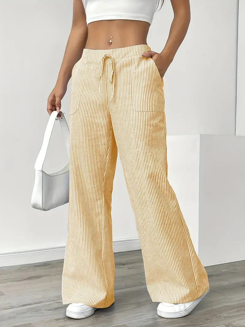 Pantalon Femme à Jambe Large Rayé – Taille Haute et Confortable