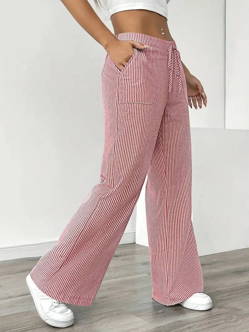 Pantalon Femme à Jambe Large Rayé – Taille Haute et Confortable