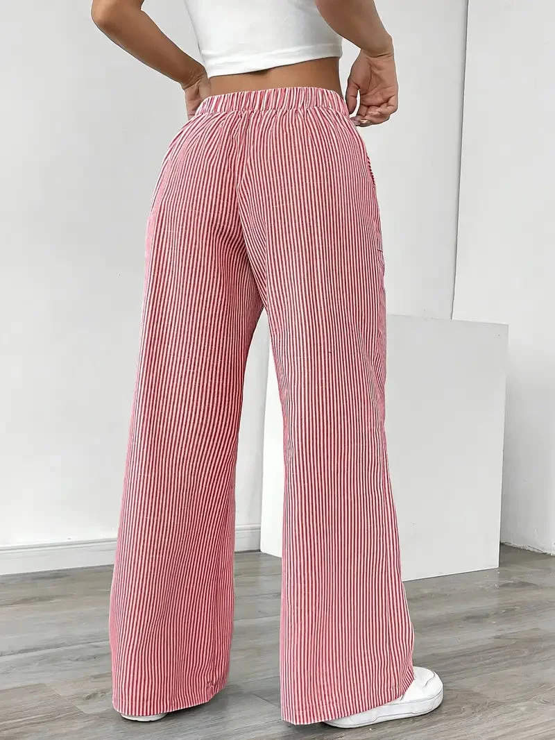 Pantalon Femme à Jambe Large Rayé – Taille Haute et Confortable