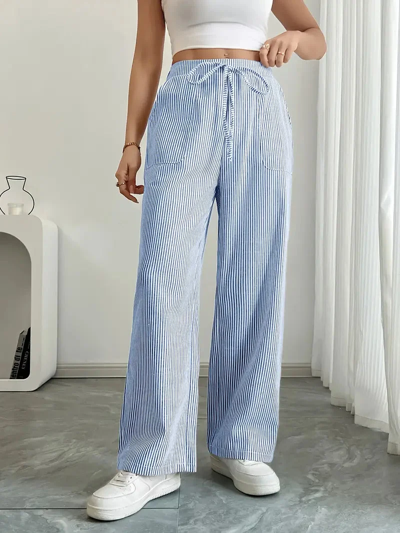 Pantalon Femme à Jambe Large Rayé – Taille Haute et Confortable