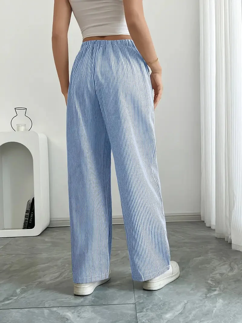 Pantalon Femme à Jambe Large Rayé – Taille Haute et Confortable