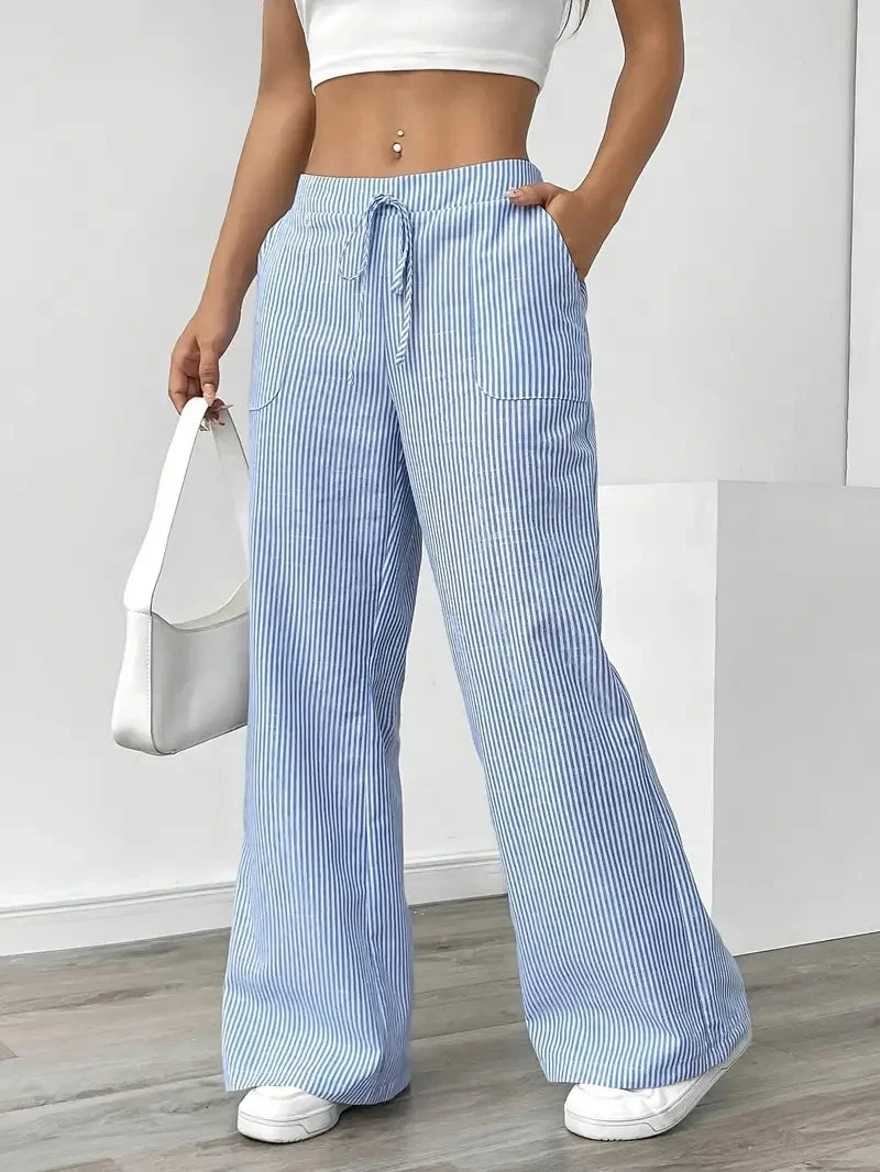 Pantalon Femme à Jambe Large Rayé – Taille Haute et Confortable