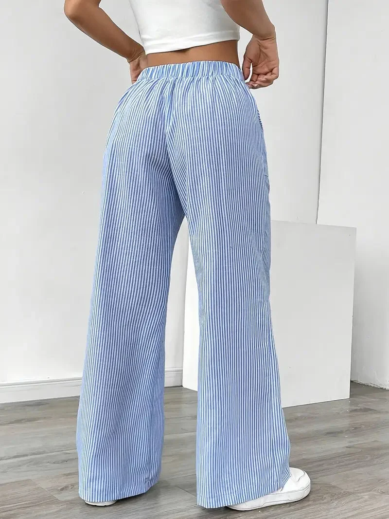 Pantalon Femme à Jambe Large Rayé – Taille Haute et Confortable