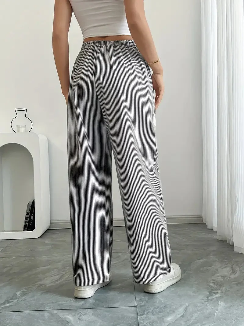 Pantalon Femme à Jambe Large Rayé – Taille Haute et Confortable