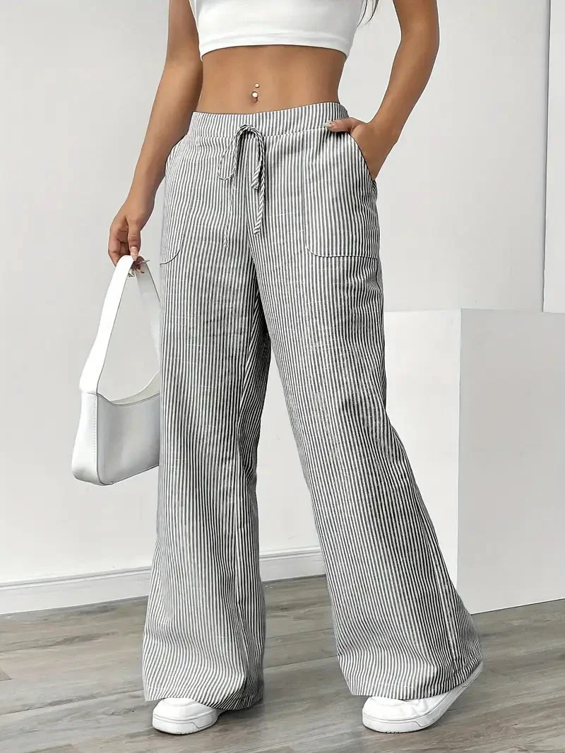 Pantalon Femme à Jambe Large Rayé – Taille Haute et Confortable