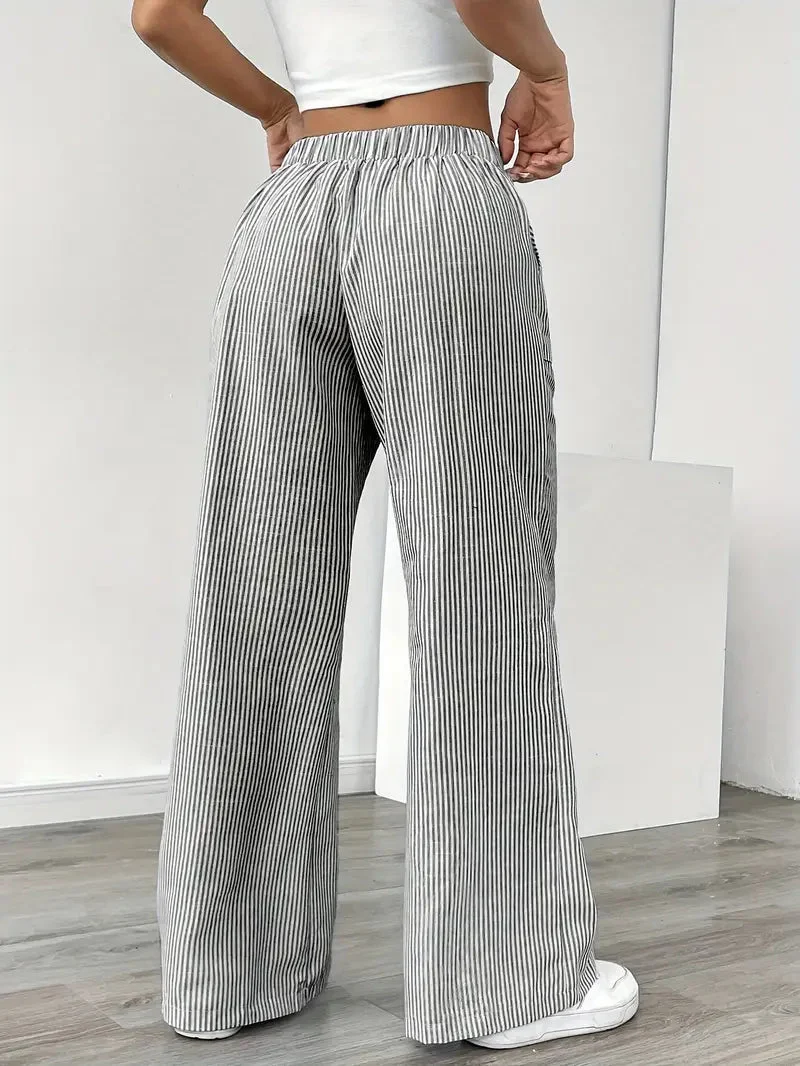 Pantalon Femme à Jambe Large Rayé – Taille Haute et Confortable