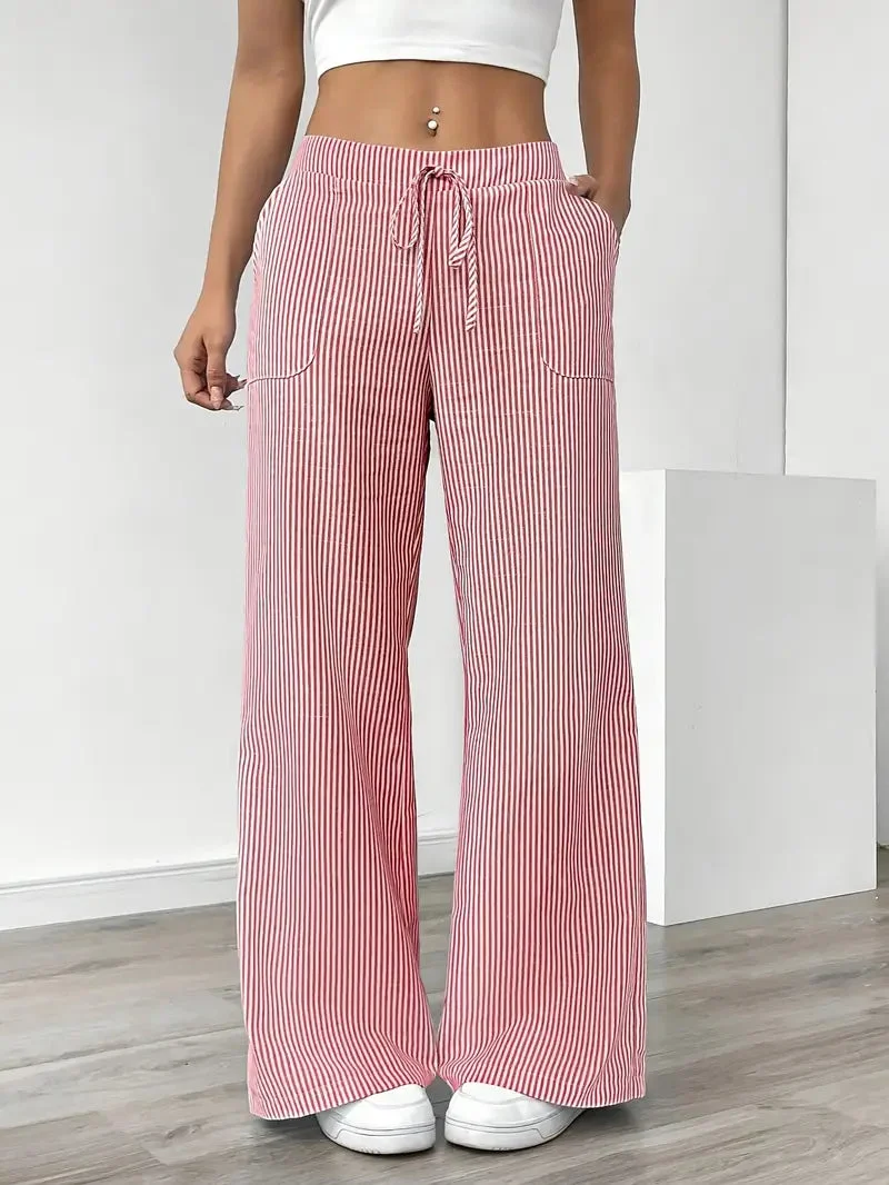 Pantalon Femme à Jambe Large Rayé – Taille Haute et Confortable