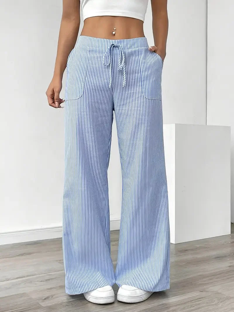Pantalon Femme à Jambe Large Rayé – Taille Haute et Confortable