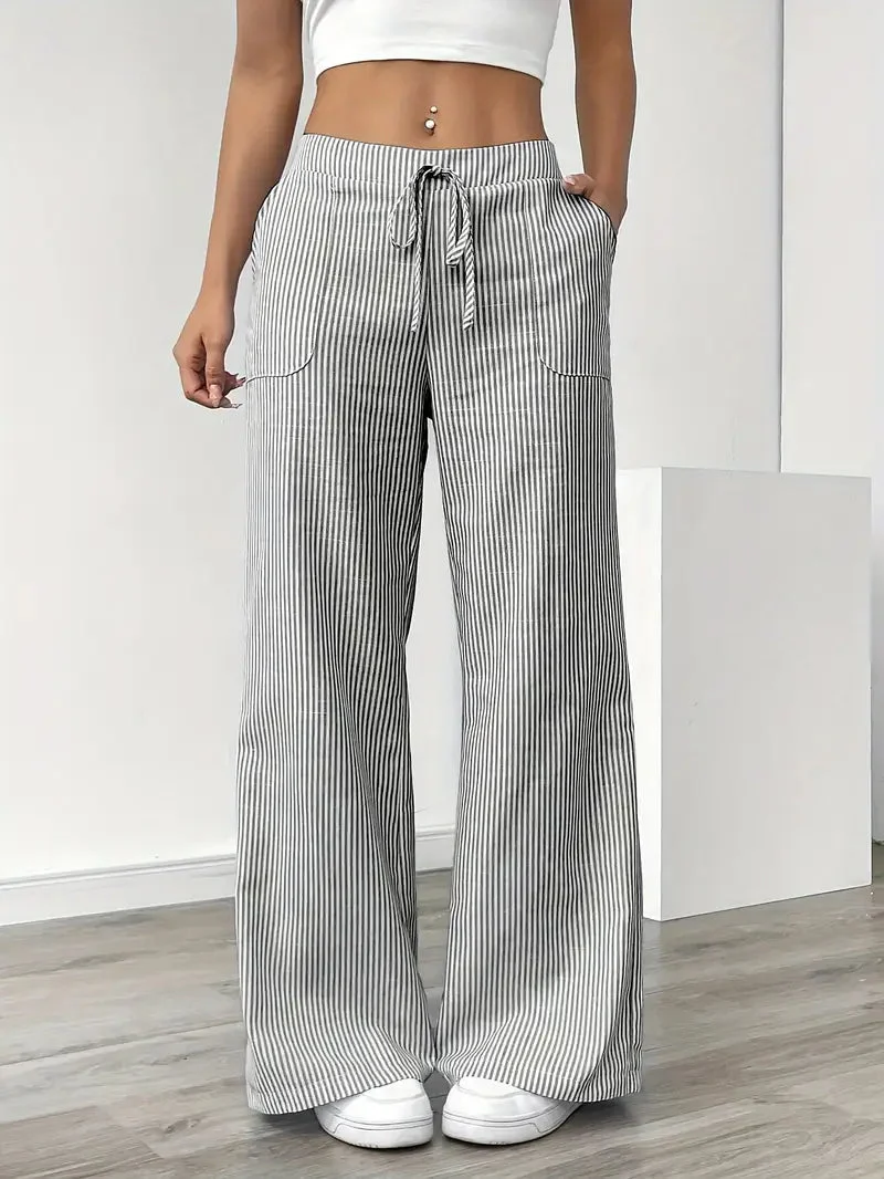Pantalon Femme à Jambe Large Rayé – Taille Haute et Confortable
