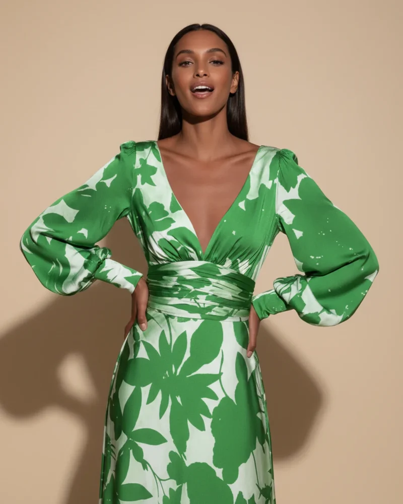 Robe Maxi Fleurie Femme – Élégante Col V avec Manches Bishop