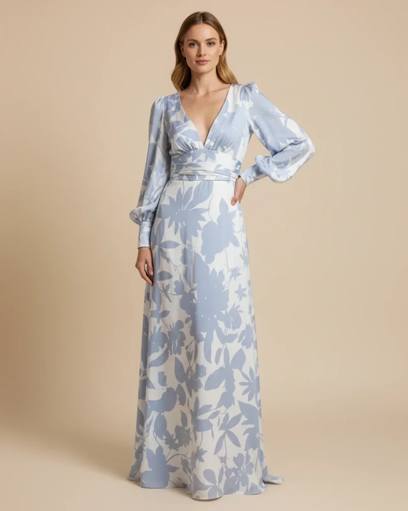 Robe Maxi Fleurie Femme – Élégante Col V avec Manches Bishop