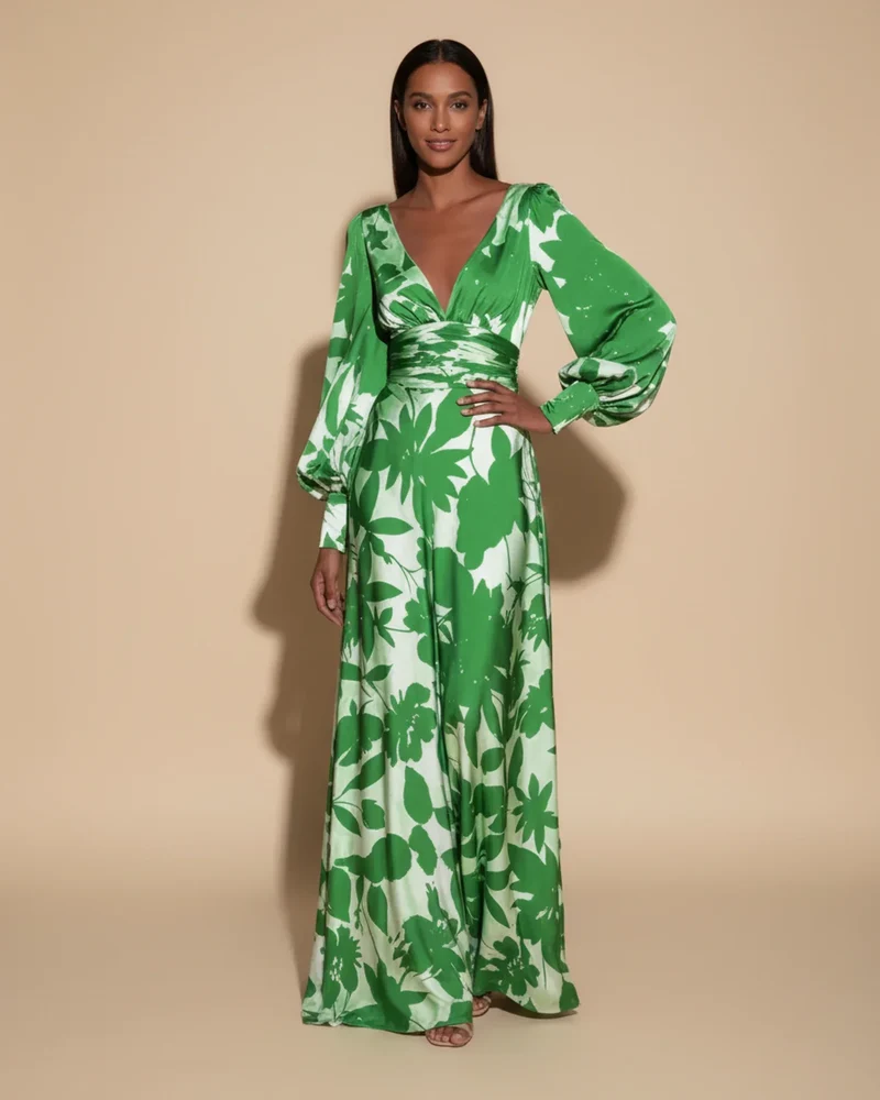 Robe Maxi Fleurie Femme – Élégante Col V avec Manches Bishop
