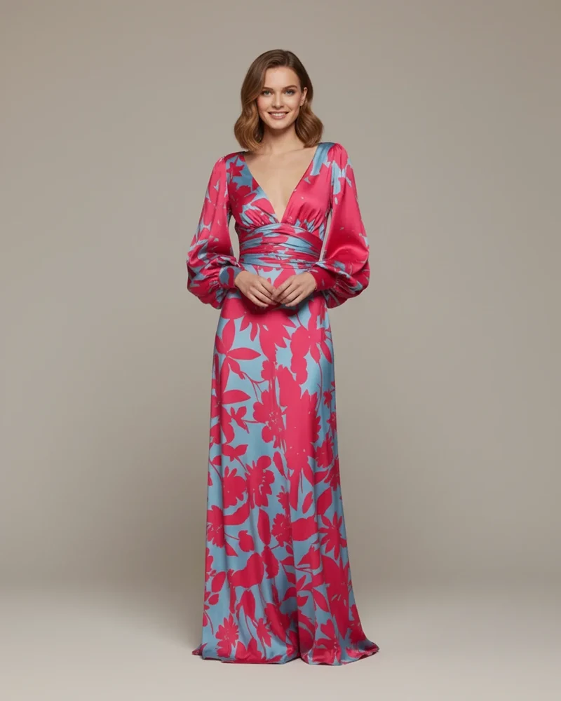 Robe Maxi Fleurie Femme – Élégante Col V avec Manches Bishop