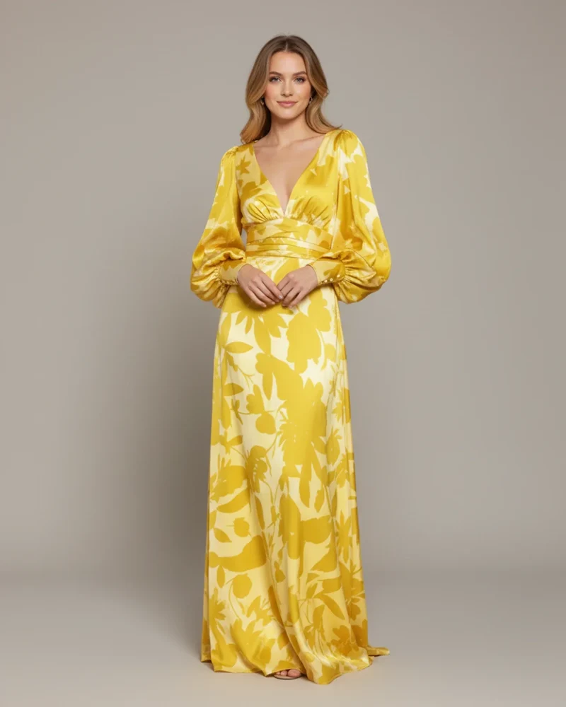 Robe Maxi Fleurie Femme – Élégante Col V avec Manches Bishop